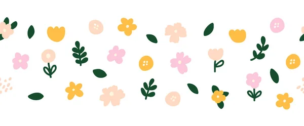 Horizontale weiße Fahne oder floralen Hintergrund mit bunten blühenden Blumen und Blättern nahtlose Grenze verziert. Frühling botanische flache Vektor Illustration auf weißem Hintergrund skandinavischen Stil. — Stockvektor