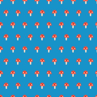 Şirin mantarsız çocuklar, tekrar eden mantar gülen mantar mantarları. Mavi arka planı tekrarlayan soyut basit mantarlar. Kumaş, çocuk giyimi, çocuk dekorasyonu, bebek için yüzey deseni tasarımı.