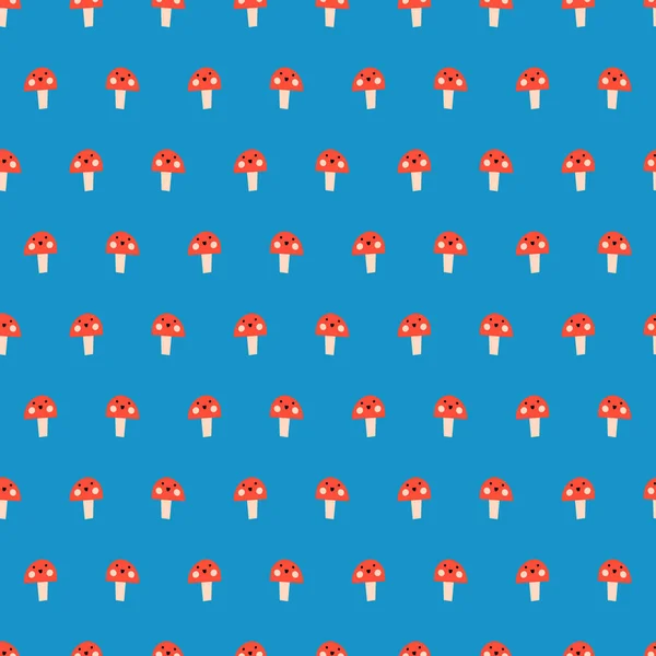 Linda seta Seamless niños vector patrón de repetición hongos sonriendo seta. Setas simples abstractas que repiten fondo rojo azulado. Diseño de patrón de superficie para tela, desgaste de los niños, decoración de los niños, bebé. — Archivo Imágenes Vectoriales