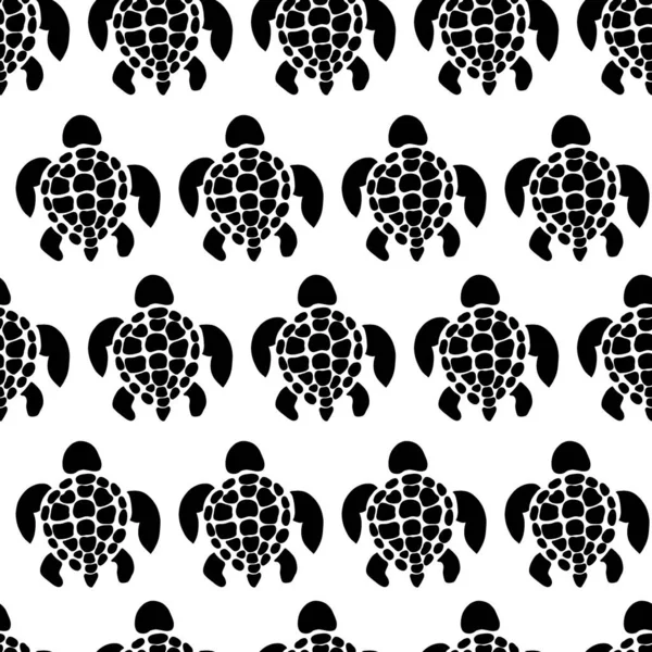 Zeeschildpadden naadloos vectorpatroon. Schildpadden silhouetten herhalen achtergrond monochroom. Zwarte zee dieren bovenaanzicht. Gebruik voor stof, verpakking, behang. — Stockvector