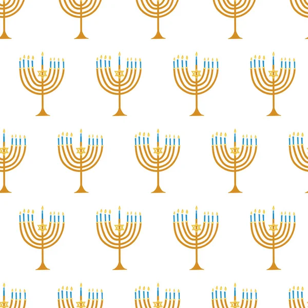 Menorah sömlöst vektormönster. Judisk semester Hanukkah upprepar bakgrunden. Hanukkah bakgrund för gåva wrap, inslagning, gratulationskort och grafisk design. Glad chanukkah. Vektorillustration. — Stock vektor