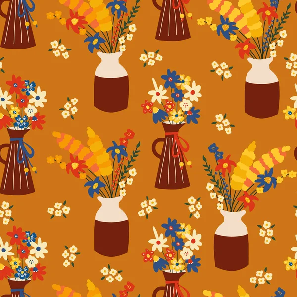 Flores de otoño sin costura vector de fondo. Patrón repetitivo con coloridos jarrones de flores de otoño. Uso para la decoración de otoño, Acción de Gracias, tela, envoltura, decoración para el hogar. — Vector de stock