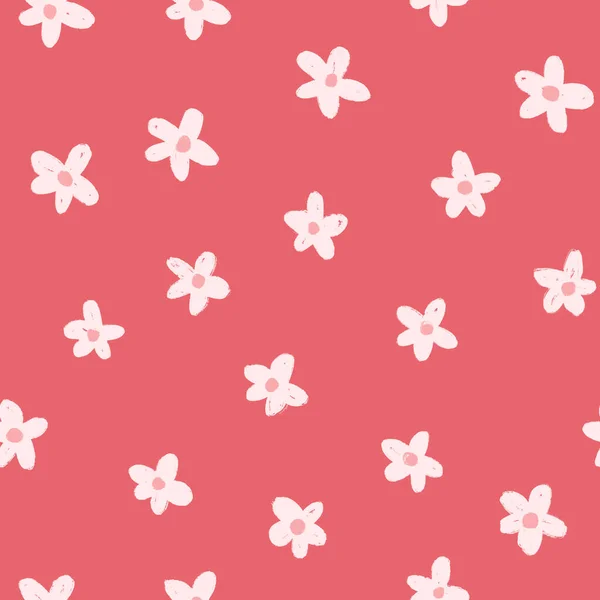 White painted flowers on red seamless background. Repeating floral pattern simple minimalism flower illustration. Cute ditsy flower print for home decor, fabric, kids fashion, gift wrap. — Stock Photo, Image