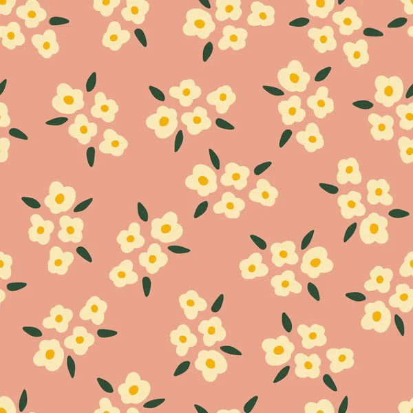 Weiße Blüten auf rosa nahtlosem Vektorhintergrund. Wiederholte florale Bouquet-Muster einfache Vintage-Blume Illustration. Netter Retro-Dessy-Blumendruck für Wohnkultur, Stoff, Kindermode. — Stockvektor