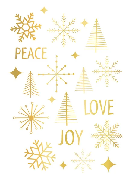 크리스마스 카드 벡터 템플릿은 금색 포일 화이트를 만든다. 현대의 그래픽 가짜 금빛 크리스마스 트리 별 휴가 카드. 새로운 해, 크리스마스를 위한 평화 의사 랑의 선물. — 스톡 벡터