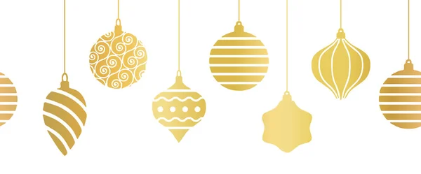 Natal fronteira vetor sem costura metálico dourado. Repetindo horizontal pendurado padrão de ornamentos de Natal. Holiday bauble guirlanda folha de ouro. Para decoração de cartão de saudação, papel timbrado, banner, cabeçalho, guarnição — Vetor de Stock