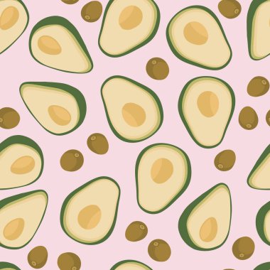 Kumaş, duvar kâğıdı, yapıştırma kitabı projeleri veya arka plan için pembe arka planda meyve dilimleri ve tohumlarla Avokado vektörsüz desen.
