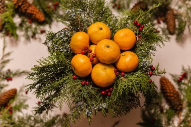 Noel 'de mandalinalar, çam dalları ve kozalaklarla dolu