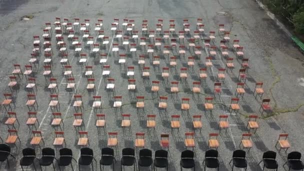 Outdoor Aerial View Symmetric Orange Coloured Chairs School Conference — Stock Video