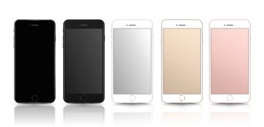 Beyaz arka planda izole boş ekran ile yeni gerçekçi cep telefonu akıllı telefon koleksiyonu iphone 7 tarzı mockups. Vektör illüstrasyon. baskı ve web öğesi için, Oyun ve uygulama mockup.