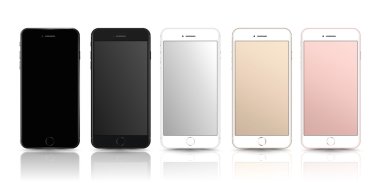 Beyaz arka planda izole boş ekran ile yeni gerçekçi cep telefonu akıllı telefon koleksiyonu iphone 7 tarzı mockups. Vektör illüstrasyon. baskı ve web öğesi için, Oyun ve uygulama mockup.