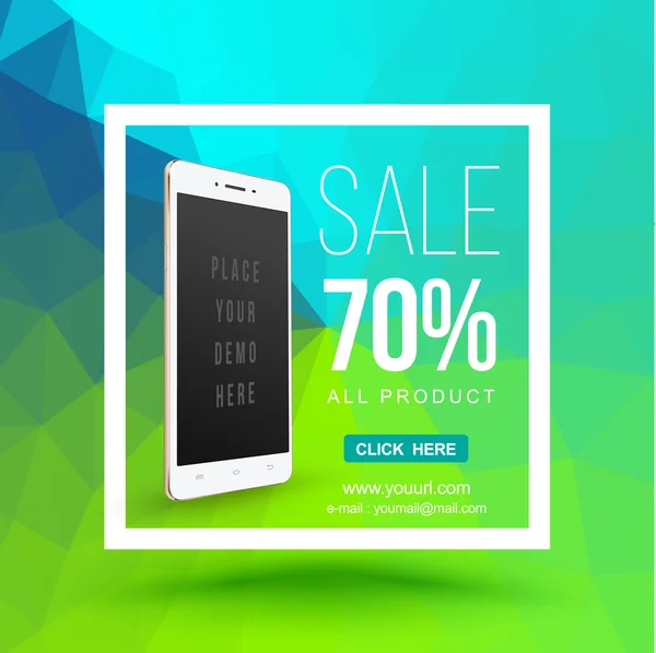 Sale poster design with smartphone. Vector illustration. Frame banner abstract try angles background. Use for promotion poster advertising and web banners. — Stock Vector