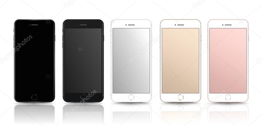 New realistic mobile phone smartphone collection iPhone 7 style mockups with blank screen isolated on white background. Vector illustration. for printing and web element, Game and application mockup.