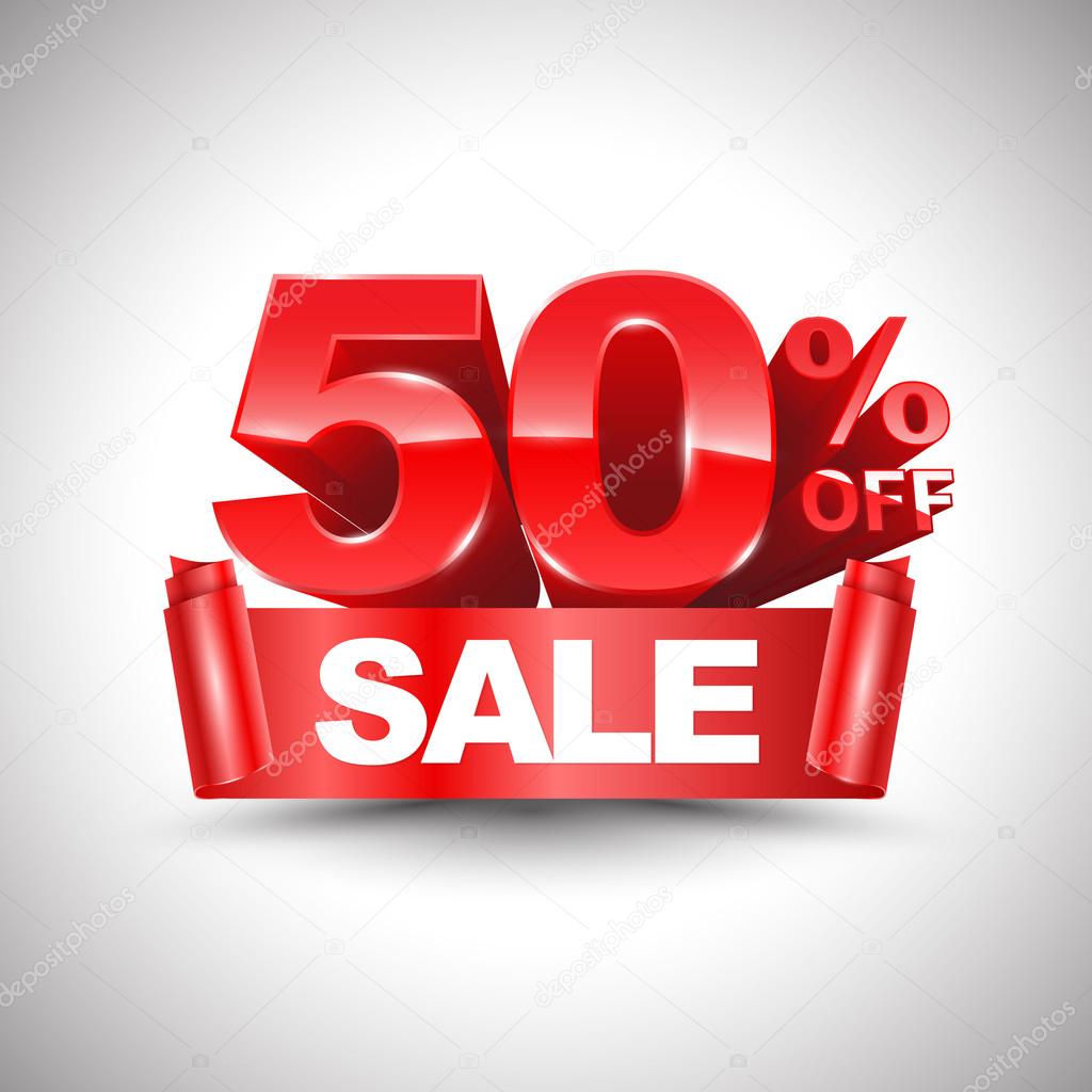 3d vector shiny red discount 50 percent off and sale on red ribbon.