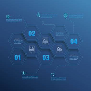 Line infographic hexagons with number options on blue background.