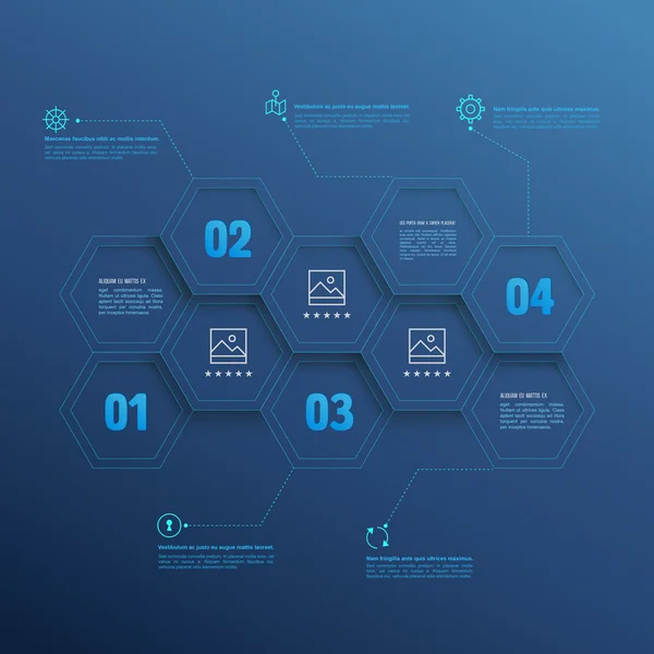 Line infographic hexagons with number options on blue background. — ストックベクタ