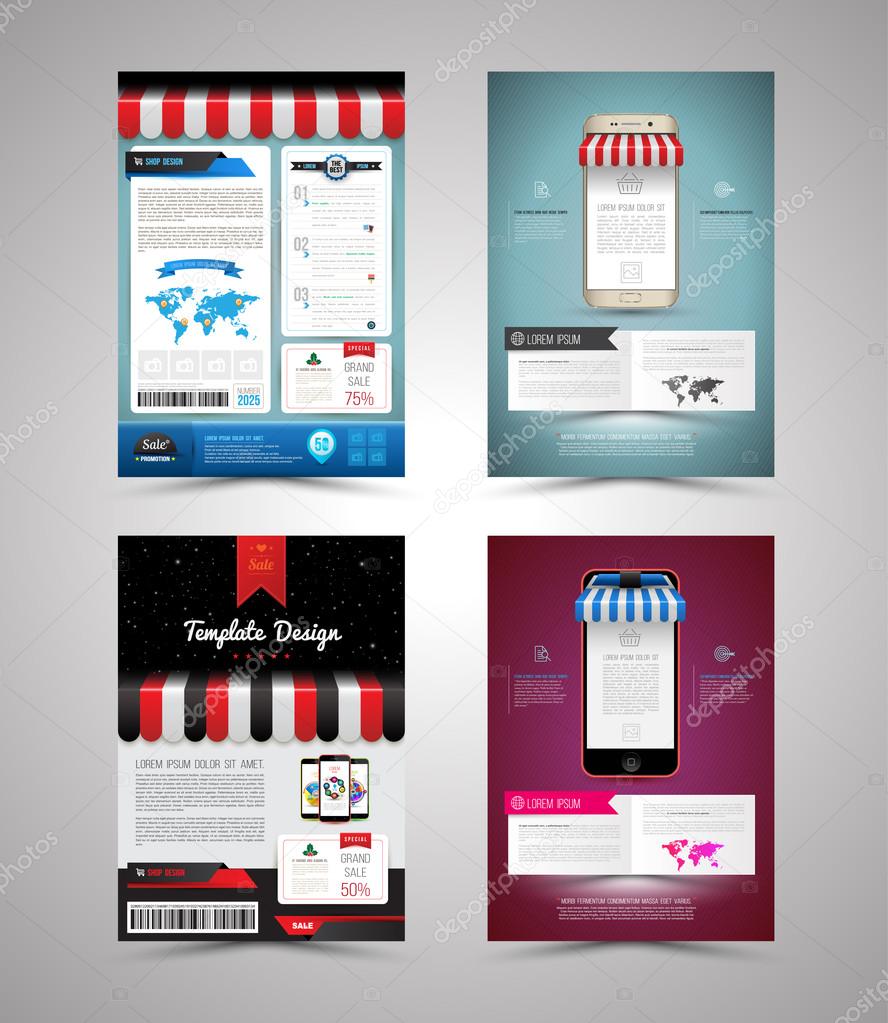 Vector brochure template design shop style with smartphone set.