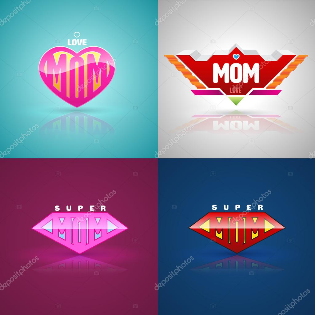 Funny super mom logo set. vector illustration. Can use for mother day greeting card.