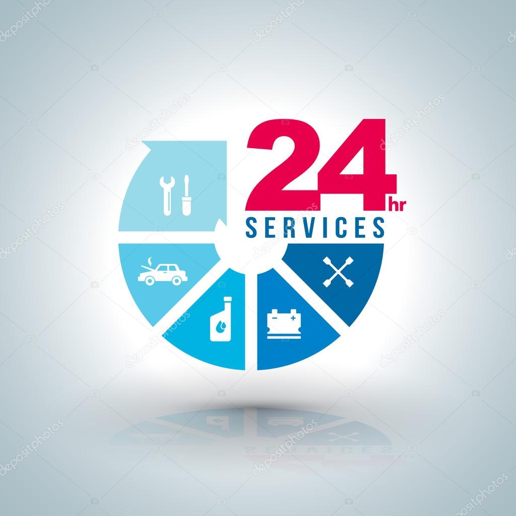 Circle arrow step services 24 hours with icons for car service.