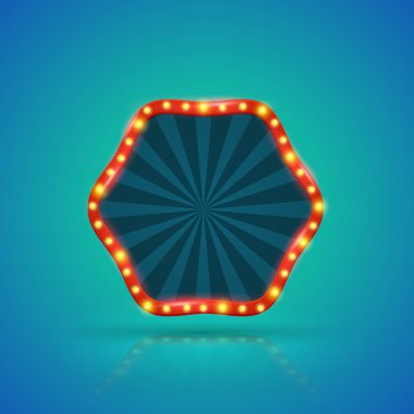 Hexagons retro light banner with light bulbs on the contour.