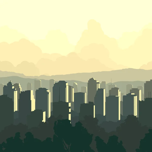 Illustrazione quadrata della grande città al tramonto . — Vettoriale Stock