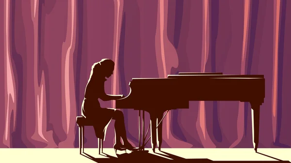 Silueta pianista en la sala de conciertos en el centro de atención . — Vector de stock