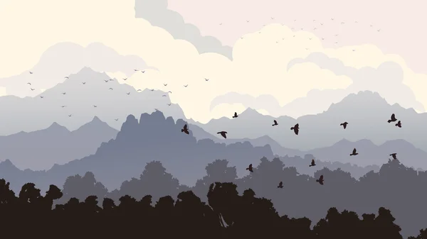 Illustration horizontale du troupeau d'oiseaux et de forêts avec montagne — Image vectorielle