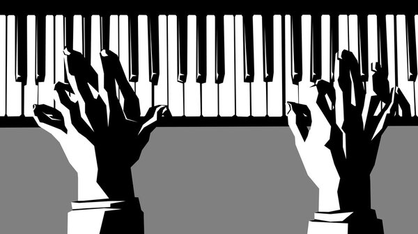 Черно-белая иллюстрация рук, играющих на пианино
.