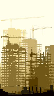 Bir inşaat alanının siluetleriyle dikey illüstrasyon (vinçler, gökdelenler ve traktörler).