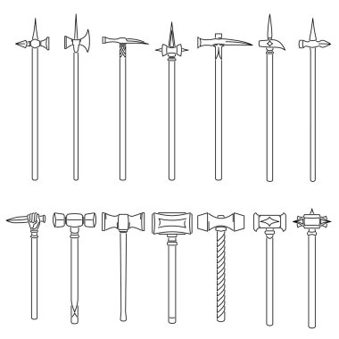 Set of simple vector images of medieval war hammers and maces drawn in art line style. clipart