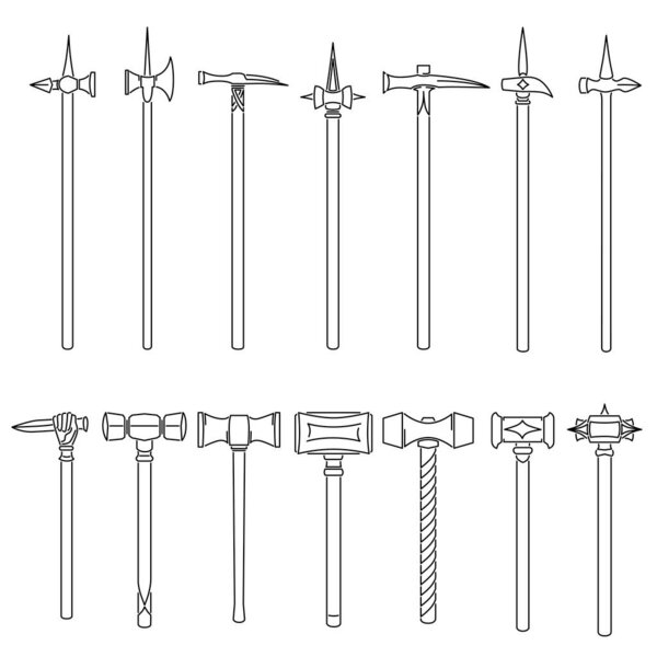 Set of simple vector images of medieval war hammers and maces drawn in art line style.