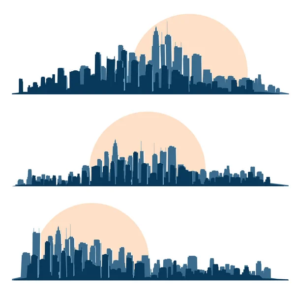 Set Horizontal Line Silhouettes Big City Buildings Skyscrapers Glare Sun — Stock Vector