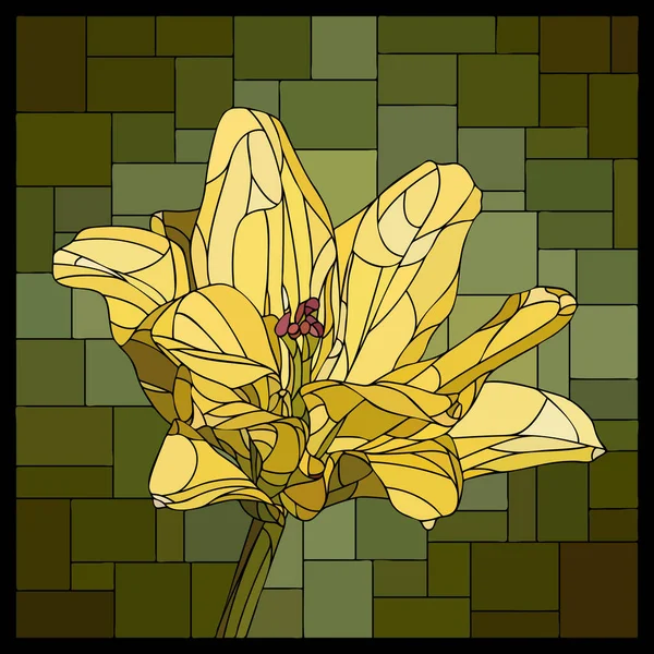 Vitray Penceresinde Çiçek Açan Sarı Zambak Çiçekli Vektör Kare Mozaiği — Stok Vektör