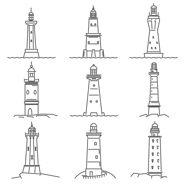 Conjunto Imagens Simples Preto Branco Farol Desenhado Estilo Linha Arte —  Vetores de Stock