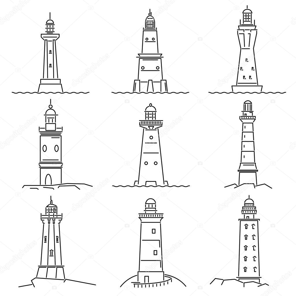 Set of simple black and white images of lighthouse drawn in art line style.