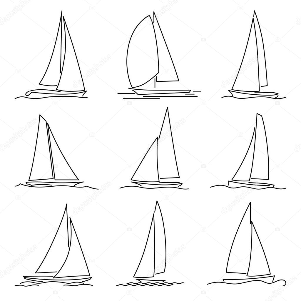 Set of simple vector images of high-speed yachts with triangular sails drawn in line style.