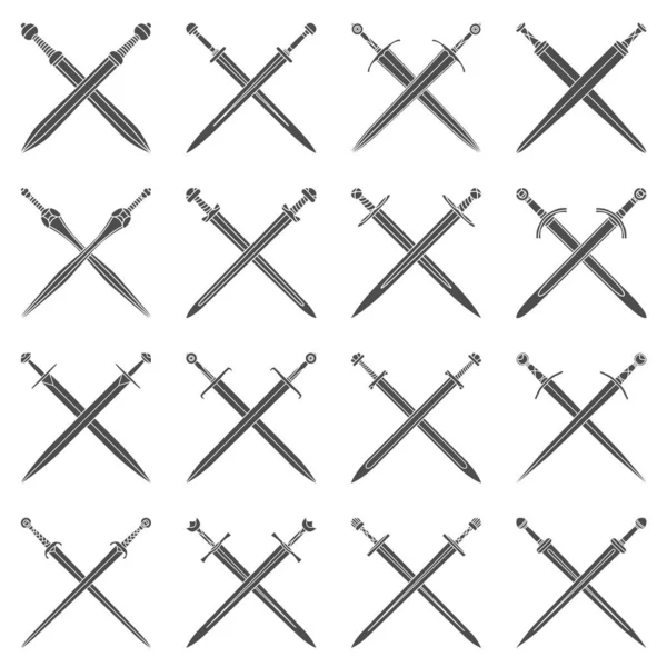 Set Simple Black Vector Emblems Crossed Short Swords — Stock Vector