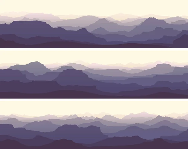 ベクトルイラストの水平バナーのセット朝の霧の岩の低い山のバイオレットトーン — ストックベクタ