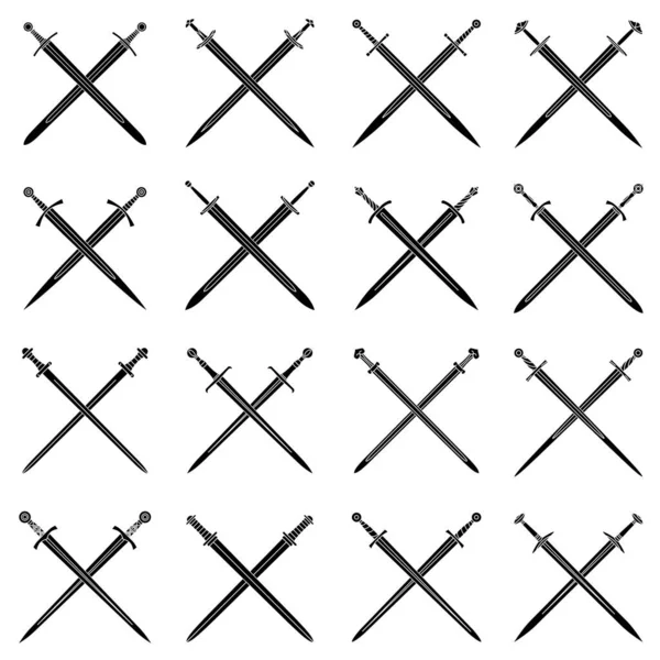 Set Simple Black Vector Images Crossed Long Swords — Stock Vector