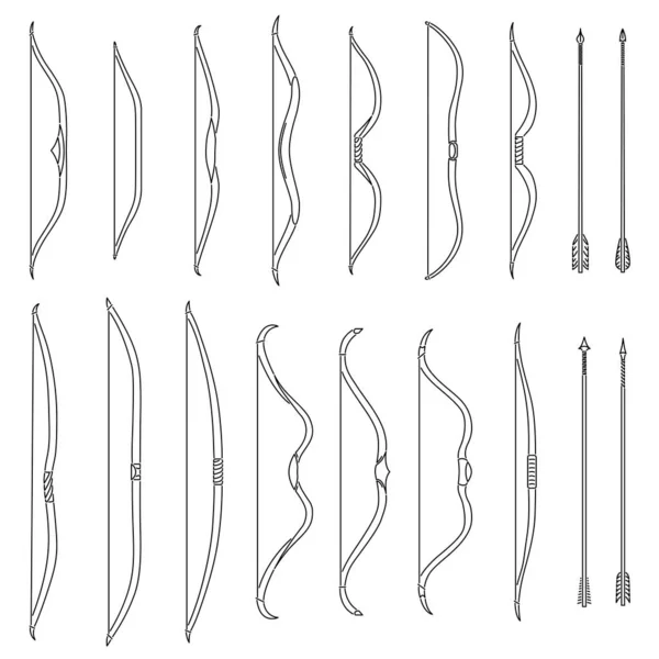 Set Eenvoudige Monochrome Vectorbeelden Van Middeleeuwse Bogen Pijlen Getekend Door — Stockvector