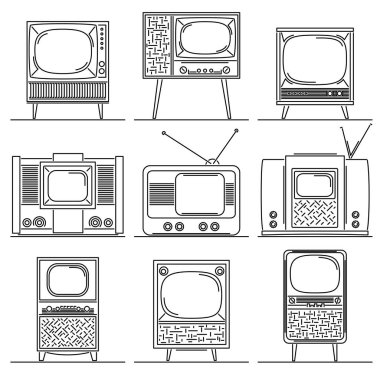 Sanat çizgisi tarzında çizilmiş ahşap bir kutuda eski bir tüp televizyonun basit vektör görüntüleri..