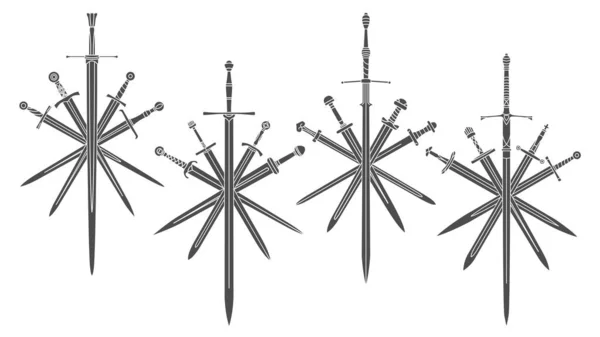 Set Simple Bicolor Vector Images Five Crossed Swords Medieval Two — Stock Vector