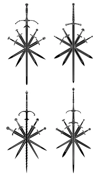 Set Simple Black Vector Images Five Crossed Swords Medieval Two — Stock Vector