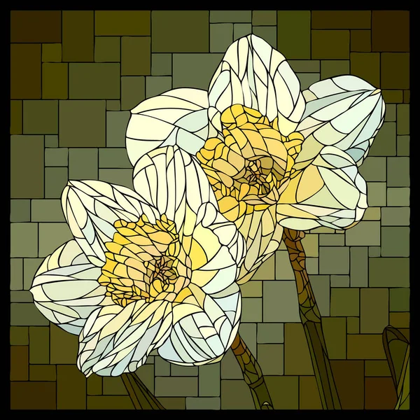 Vector Vierkante Mozaïek Met Bloeiende Twee Bloemen Van Narcissen Glas — Stockvector