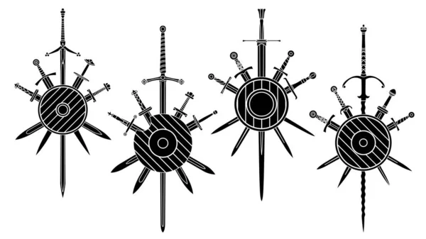 Set Simple Black Vector Images Five Crossed Swords Medieval Two Royalty Free Stock Illustrations