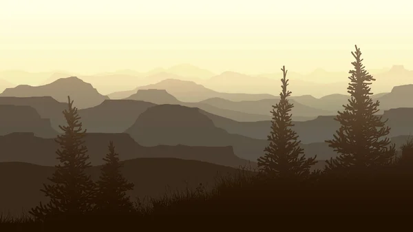 Horizontal Illustration Misty Evening Spruce Trees Meadow Mountain Valley Royalty Free Stock Vectors