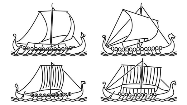 アートラインスタイルで描かれた中世のドラゴンボート ドラッカー のセーリング船のシンプルなベクトル画像のセット — ストックベクタ
