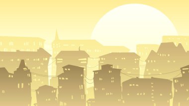 Şehrin şehir merkezindeki çatıları ve pencereleri gün batımında olan yatay karikatür tasviri.