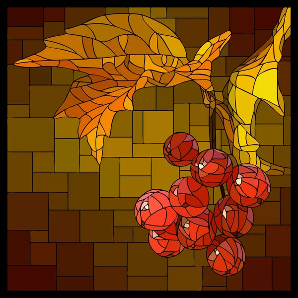 Vector Square Mosaic Viburnum Branch Bunch Berries Stained Glass Window Stock Illustration