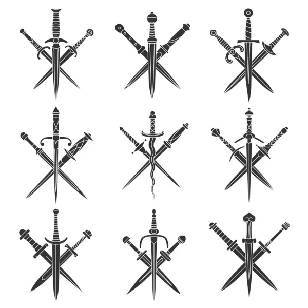 Set Eenvoudige Monochrome Afbeeldingen Van Drie Middeleeuwse Gekruiste Dolk Dirk — Stockvector